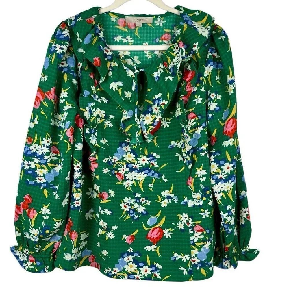 Loft Green Floral Bouquet Ruffle Tie Neck Blouse Large